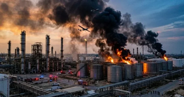 Палаючий НПЗ РФ після ударів українських дронів з чорним димом