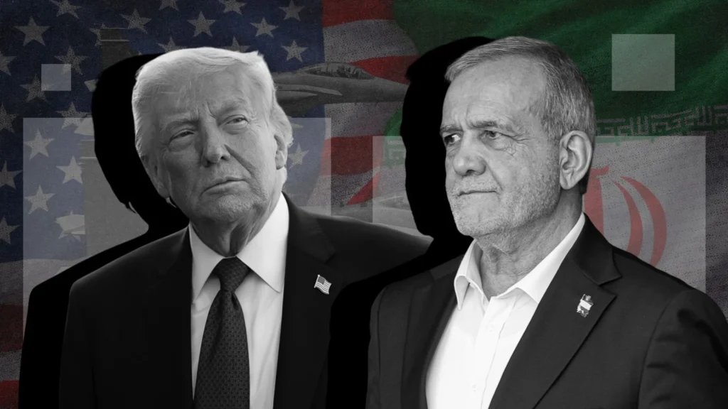 Дональд Трамп і Масуд Пезешкіан на тлі прапорів США та Ірану