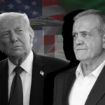 Дональд Трамп і Масуд Пезешкіан на тлі прапорів США та Ірану