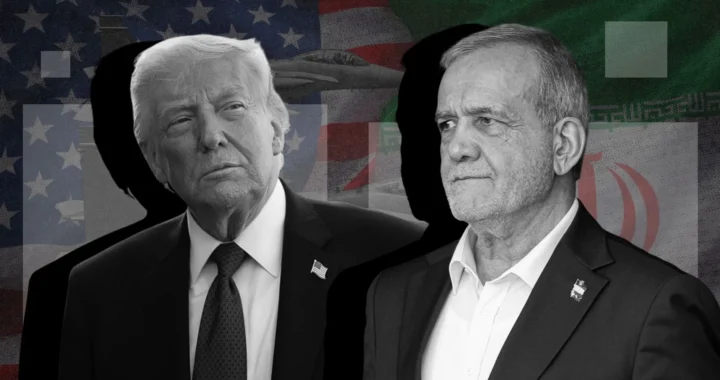 Дональд Трамп і Масуд Пезешкіан на тлі прапорів США та Ірану