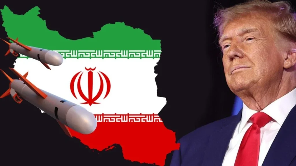 Дональд Трамп на тлі карти Ірану з ракетами щодо угоди з Тегераном