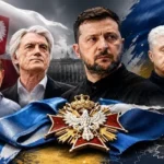 Орден Білого Орла на тлі прапорів Польщі й України з Володимиром Зеленським