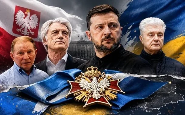 Орден Білого Орла на тлі прапорів Польщі й України з Володимиром Зеленським