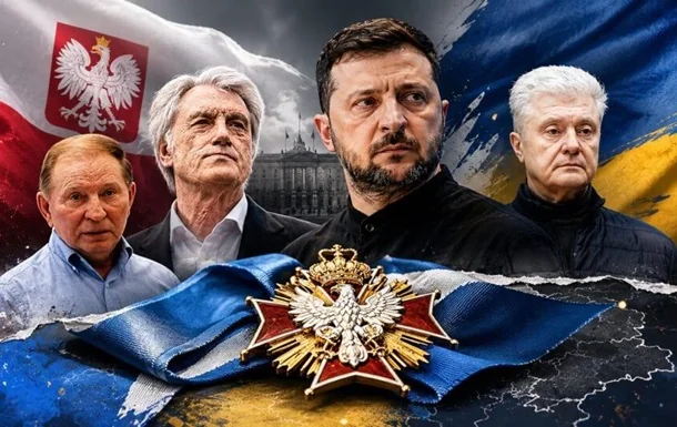 Орден Білого Орла на тлі прапорів Польщі й України з Володимиром Зеленським