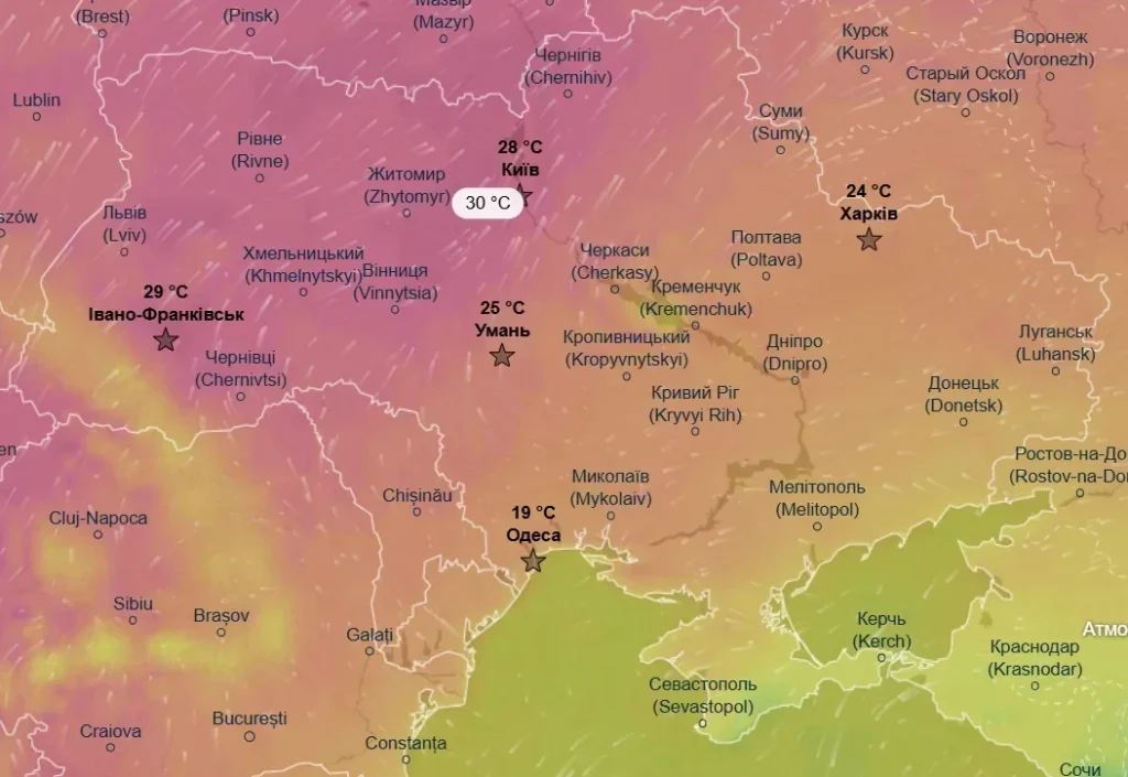 Карта температур України з прогнозом до +30° у Києві та регіонах