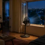 Вентилятор спрямовує повітря на вулицю через відкрите вікно вночі