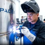 Зварювальник SpaceX у захисному шоломі виконує зварювання на заводі