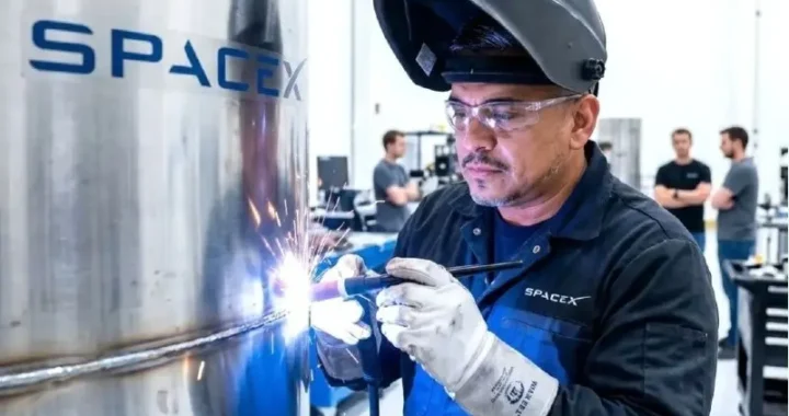 Зварювальник SpaceX у захисному шоломі виконує зварювання на заводі