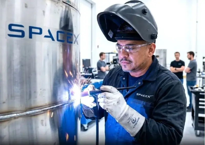 Зварювальник SpaceX у захисному шоломі виконує зварювання на заводі