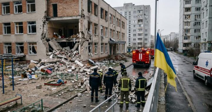 Рятувальники біля пошкодженої школи в Києві після атаки РФ