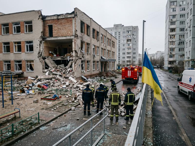 Рятувальники біля пошкодженої школи в Києві після атаки РФ