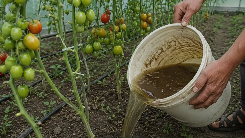 Підживлення кущів помідорів рідким добривом у теплиці