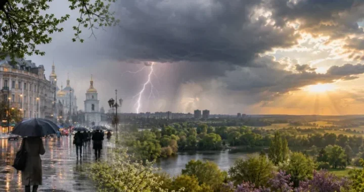 Гроза з блискавкою над Києвом під час дощу та вітру