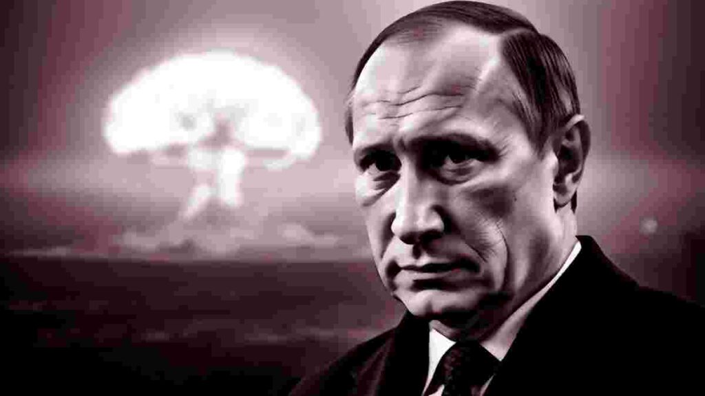 Володимир Путін на тлі ядерного вибуху, що символізує ядерний блеф