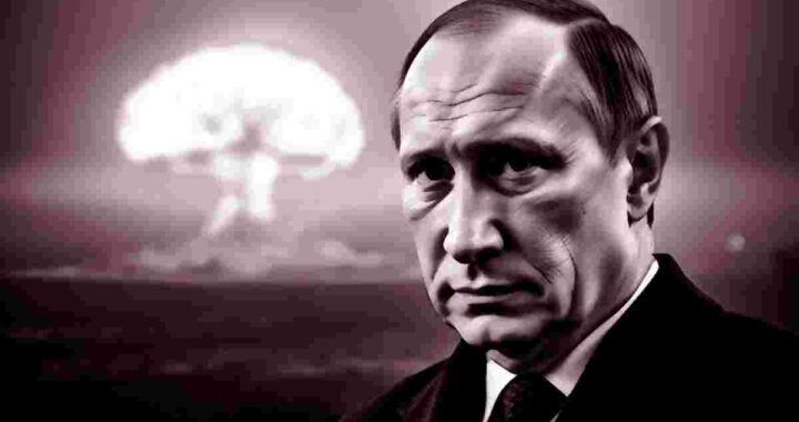 Володимир Путін на тлі ядерного вибуху, що символізує ядерний блеф