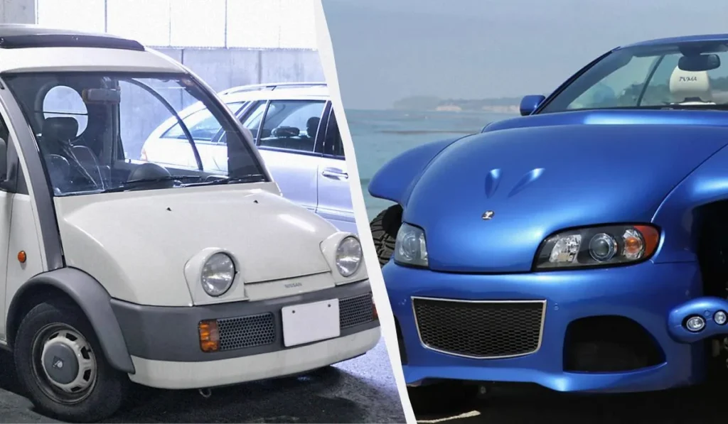 Роздвоєне фото білого мікроавтомобіля Nissan і синього спортивного кабріолета