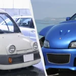 Роздвоєне фото білого мікроавтомобіля Nissan і синього спортивного кабріолета
