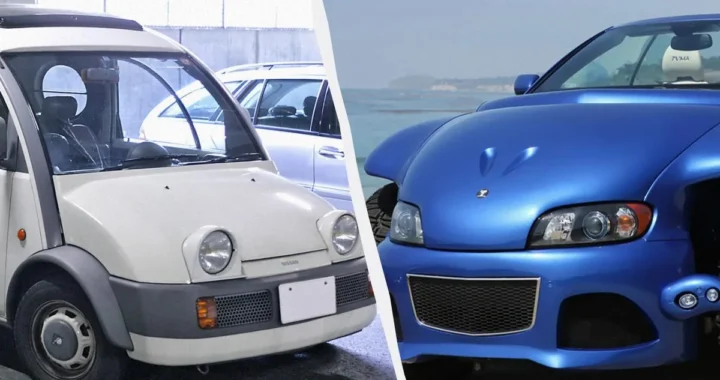 Роздвоєне фото білого мікроавтомобіля Nissan і синього спортивного кабріолета