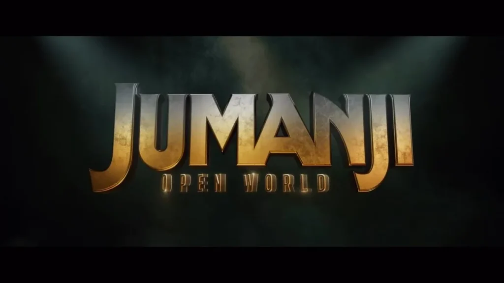 Золотий логотип Jumanji Open World на темному тлі з променями світла