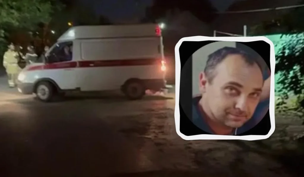 Нічна вулиця з білим фургоном швидкої, рятувальниками та круглим портретом чоловіка