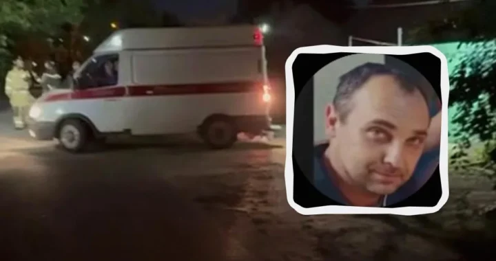 Нічна вулиця з білим фургоном швидкої, рятувальниками та круглим портретом чоловіка
