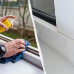 Руки миють білу ПВХ-раму вікна жовтим спреєм і синьою ганчіркою