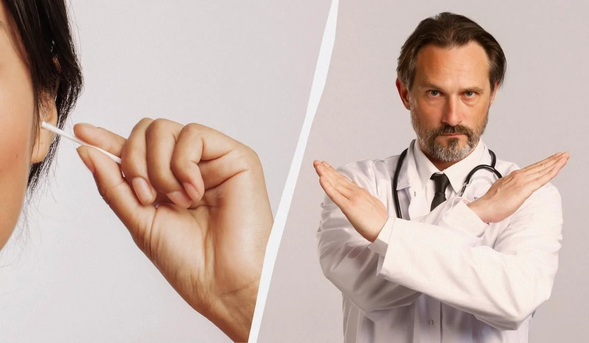Жінка чистить вухо ватною паличкою, лікар жестом забороняє це робити