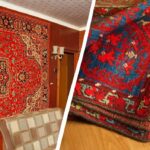 Червоний орнаментальний килим на стіні кімнати та складений килим крупним планом