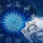 Зодіакальне коло з сонцем і банкноти гривні 200 та 500