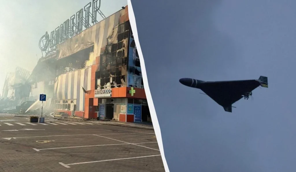 Обгорілий фасад ТЦ Епіцентр у Миколаєві та чорний ударний дрон у небі