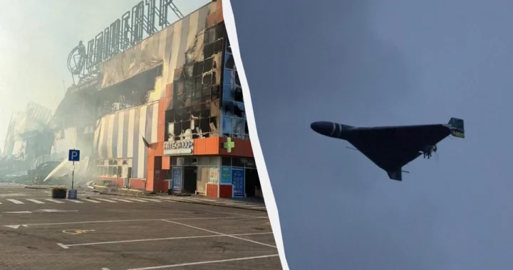 Обгорілий фасад ТЦ Епіцентр у Миколаєві та чорний ударний дрон у небі