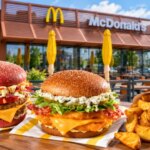 Два бургери та картопляні часточки на столику перед рестораном McDonald’s