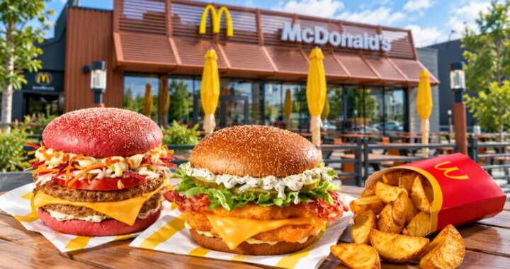 Два бургери та картопляні часточки на столику перед рестораном McDonald’s
