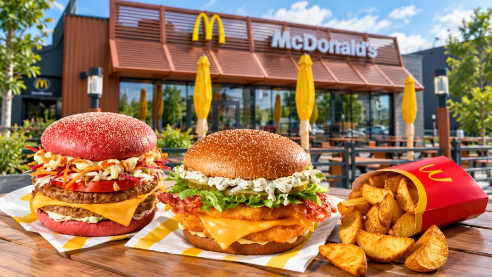 Два бургери та картопляні часточки на столику перед рестораном McDonald’s